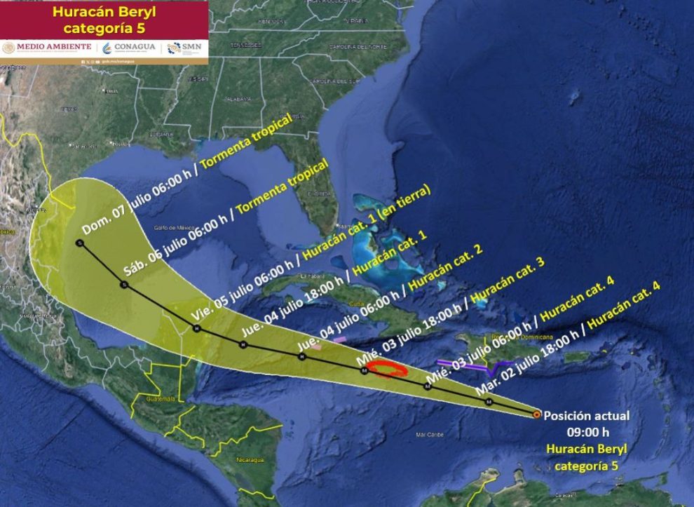 trayectoria huracan beryl 2 julio 2024