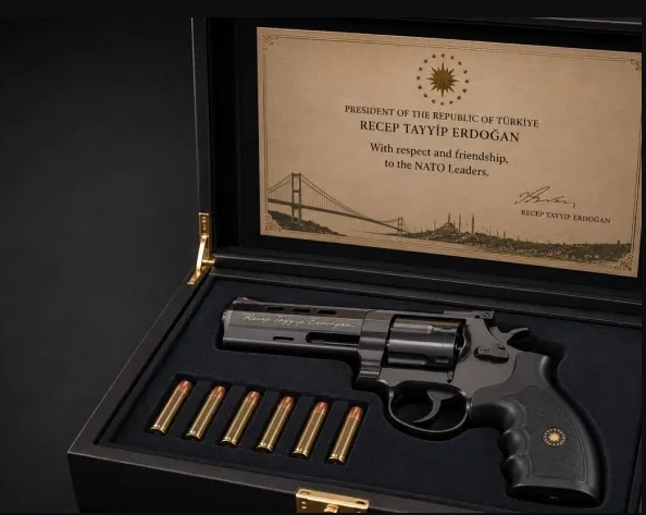 Presidente de Turquía regala revolver a líderes de la OTAN como obsequio de despedida